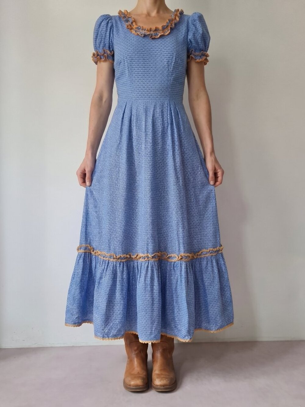 Antique 1930's/40s long day dress gown French blue scarf print
